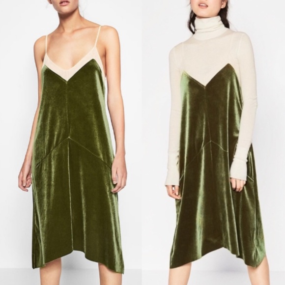 Zara Dresses & Skirts - Zara NEW Blogger Favorite Green Velvet Mesh Lined Slip Midi Dress
